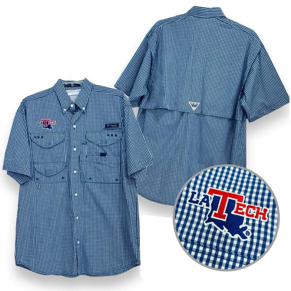 Columbia PFG Super Bonehead Blue Gingham Fishing Shirt S Vented Omnishade
